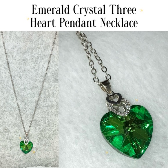 Sweet Emerald Crystal Three Heart Pendant Necklace